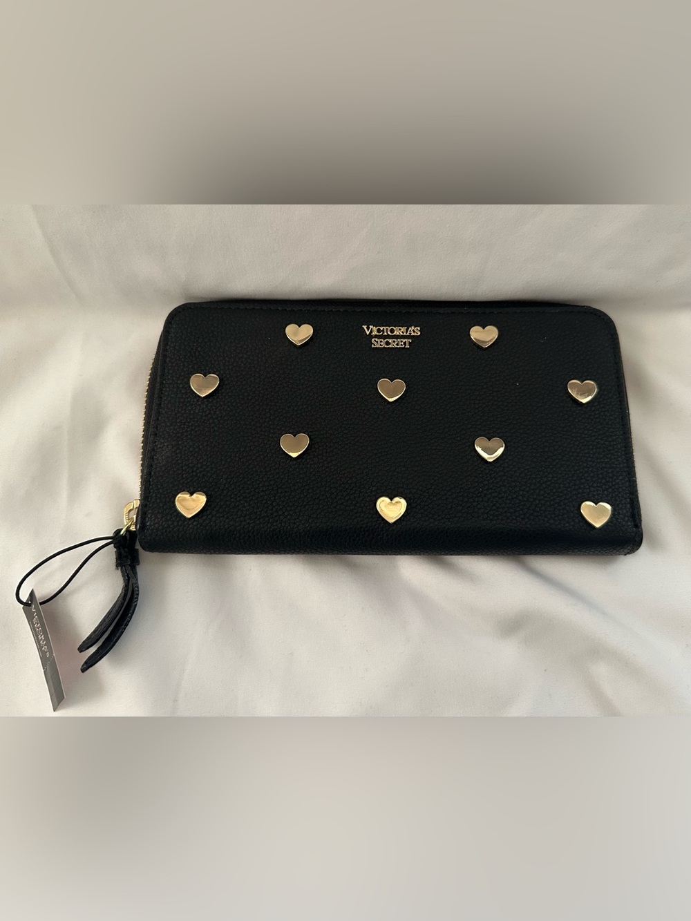 Victoria’s Secret Black Zip Around Wallet Gold Heart Studs